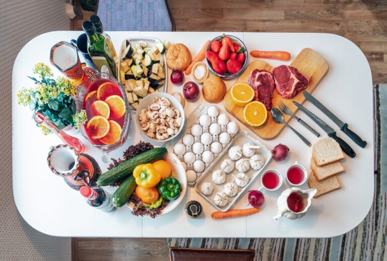 Fruits , vegetables in plate on the table, Before avoid take a blood test for Food Intolerances